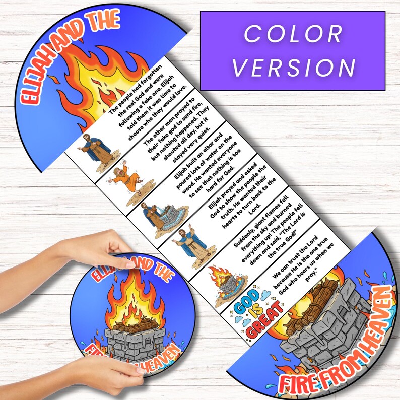 K&ouml;nnte beinhalten: Ein farbenfrohes Lernspielzeug f&uuml;r Kinder mit einer Geschichte &uuml;ber Elia und das Feuer vom Himmel. Das Design umfasst Illustrationen eines Feuers, Text und die Worte "Color Version".