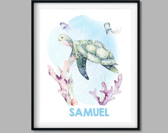 Personalized Sea Turtle Wall Art, Nautical Nursery Prints Wall Art, Sea Life Printable, Sea Turtle Printable Turtle Art Kids Room Print