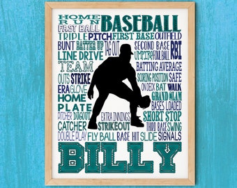 BASEBALL PLAYER GIFT, Baseball Art, Pitcher, Catcher, Batter, Personalized Baseball Typography, Baseball Team Gift, Baseball Gift Ideas