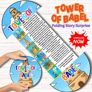 May include: A colorful, illustrated "Tower of Babel" folding story surprise. The design features the text "Tower of Babel" in multiple locations, along with a "Download Now" button. The story is told in a comic strip format.
