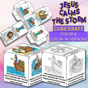Puede incluir: Un proyecto de manualidades con un cubo con ilustraciones de la historia bíblica de Jesús calmando la tormenta. La imagen incluye una versión en color y una versión en blanco y negro para colorear. El texto en la imagen dice "Jesús calma la tormenta".