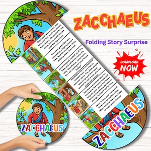 Peut inclure: Une surprise de conte pliable illustrée et colorée présentant l'histoire de Zachée. La conception comprend des images de dessins animés de Zachée, Jésus et un arbre, avec du texte décrivant le récit biblique. Les mots "ZACCHAEUS" et "TÉLÉCHARGER MAINTENANT" sont également visibles.