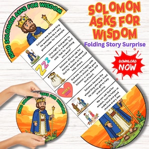 Pode incluir: Um livro de histórias infantil colorido intitulado "Solomon Asks for Wisdom". A capa apresenta ilustrações do Rei Salomão e o texto "Folding Story Surprise". A história se desenrola com ilustrações e texto, incluindo "Download Now".