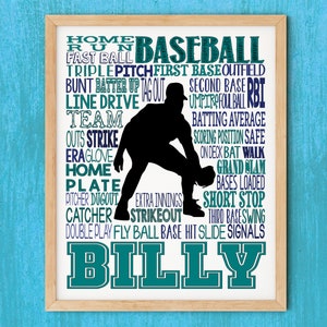 BASEBALL PLAYER GIFT, Baseball Art, Pitcher, Catcher, Batter, Personalized Baseball Typography, Baseball Team Gift, Baseball Gift Ideas