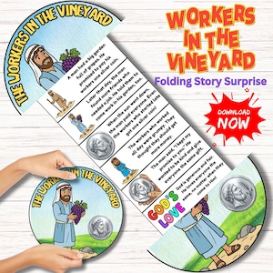 May include: A colorful, illustrated folding story titled "Workers in the Vineyard." The story features cartoon images of workers, grapes, and coins. Text includes "Folding Story Surprise," "God's Love," and "Download Now."