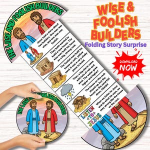 May include: A children's folding story, "Wise & Foolish Builders," with illustrations and text about two builders. The design features the text "Download Now" and a circular design with the text "The Wise and Foolish Builders."