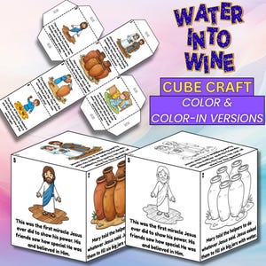 Può includere: Un artigianato a cubo con il testo "Water Into Wine" e "Cube Craft Color & Color-In Versions". L'immagine mostra un cubo con illustrazioni e testo di una storia biblica, insieme a una versione piatta e spiegata.