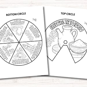Puede incluir: Dos ilustraciones circulares en blanco y negro para una actividad infantil. Un c&iacute;rculo est&aacute; etiquetado como "Bottom Circle" y el otro como "Top Circle". Las ilustraciones representan escenas y texto relacionados con una historia b&iacute;blica. La palabra "TRUST" se muestra de forma destacada.
