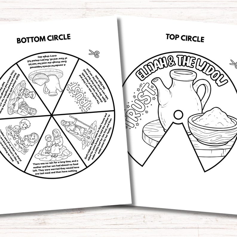 Puede incluir: Dos ilustraciones circulares en blanco y negro para una actividad infantil. Un c&iacute;rculo est&aacute; etiquetado como "Bottom Circle" y el otro como "Top Circle". Las ilustraciones representan escenas y texto relacionados con una historia b&iacute;blica. La palabra "TRUST" se muestra de forma destacada.