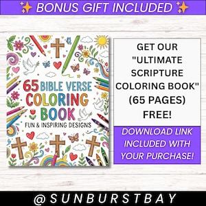 K&ouml;nnte beinhalten: Ein farbenfrohes Malbuch mit dem Text "65 Bible Verse Coloring Book" und "Fun & Inspiring Designs". Das Bild enth&auml;lt Illustrationen von Kreuzen, Blumen, Schmetterlingen und Bleistiften. Der Text "Bonus Gift Included" steht oben.