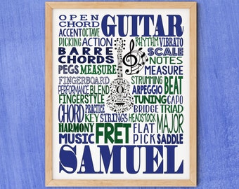 Personalized Guitar Poster Typography, Guitar Gift, Guitar Player Gift, Guitar Art, Gift for Guitar Player, School Band Gift, Custom Guitar