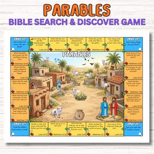 Puede incluir: Un juego de mesa rectangular titulado PARABLES BIBLE SEARCH & DISCOVER GAME con una ilustración central de un pueblo desértico con ovejas, palmeras y dos figuras. El borde contiene veinte casillas numeradas amarillas y azules.