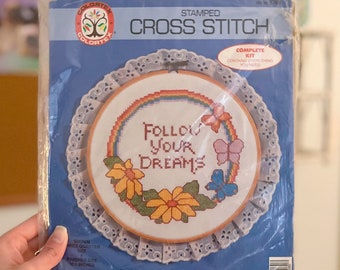 Vintage Cross Stitch Kit Follow Your Dreams Rainbow and Cute Lace DIY Kit