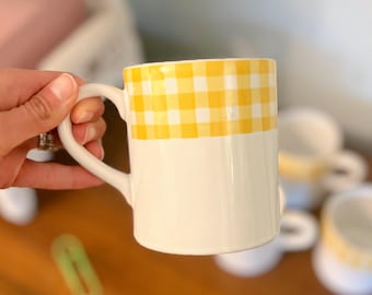 Vintage Portuguese Yellow Gingham Mug Set