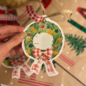 Wreath with Gingham Bow Gift Tags (Printable PDF & PNG)