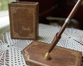 Vintage Office Desk Faux Leather Pair Pencils Holder Cup and Fancy Pen Holder