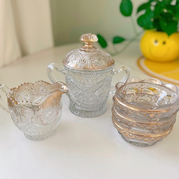 Vintage Ornate Clear Glass Gold Trim Cream and Sugar Set with 3 Bowls