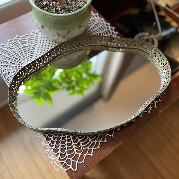 Vintage Ornate Gold Mirror Vanity Tray with Unique Shape