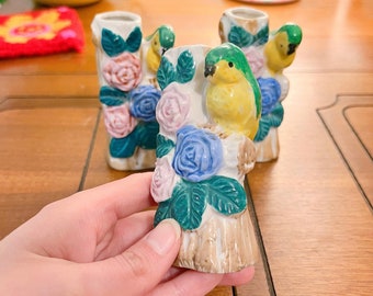 Juego vintage de 3 jarrones de cerámica de mediados de siglo con forma de pájaro y flores