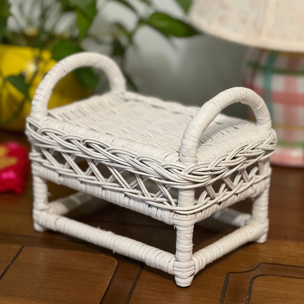 Vintage Small White Wicker Doll Table or Foot Stool