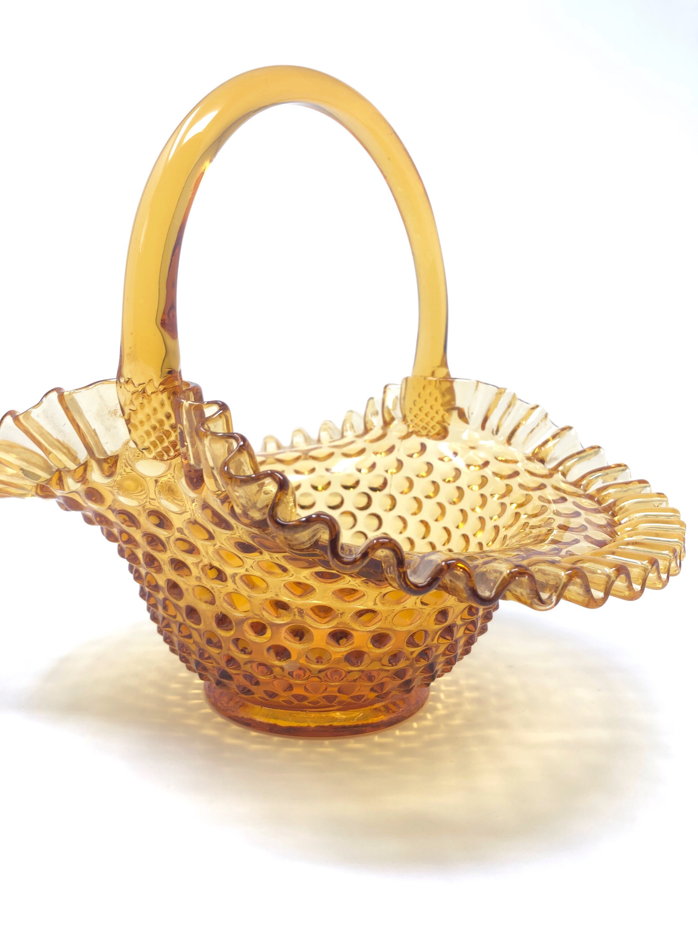 Vintage Large Amber Hobnail Glass Basket With Ruffled Edges Etsy