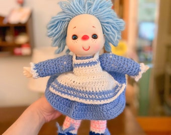 Vintage Happy Crocheted Blue and Pink Doll Crochet Toy