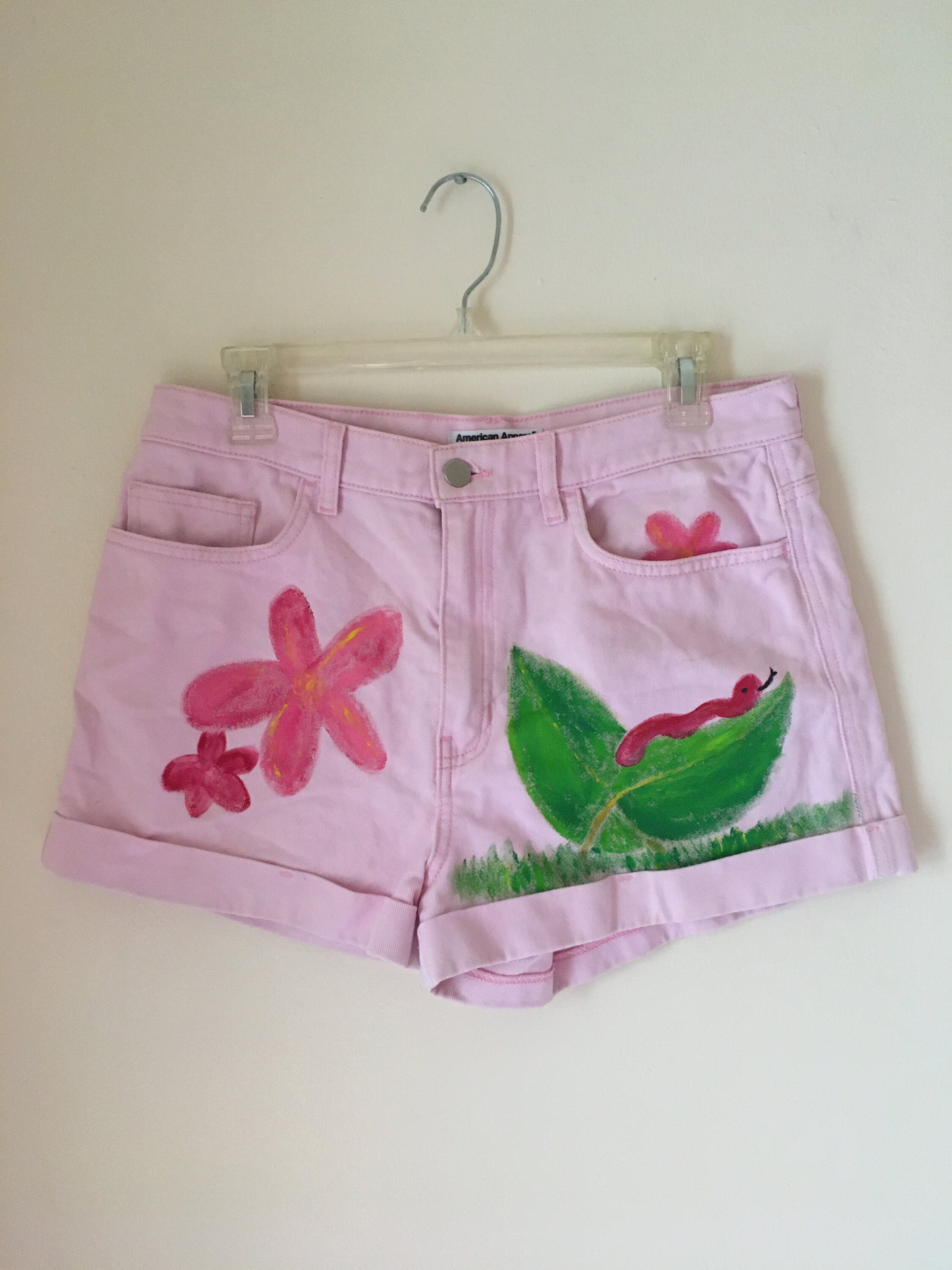 acloudmuseum Hand Painted American Apparel Pink Shorts with Flowers and A Leaf and A Little Worm Friend