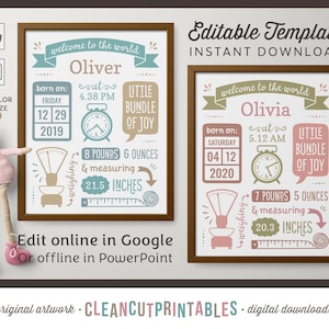 Geburtsanzeige Vorlage für GOOGLE | Baby Birth Stats druckbarer bearbeitbarer sofortiger digitaler Download Wandkunstplakat personalisierter pdf-Druck