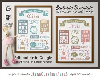 BIRTH ANNOUNCEMENT template for GOOGLE | Baby Birth Stats printable editable instant digital download wall art poster personalized pdf print