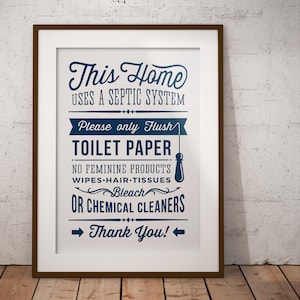 Bathroom Sign Septic System Navy Blue - Only flush toilet paper sign - PDF JPG PNG - Printable Digital - retro/vintage sign instant download