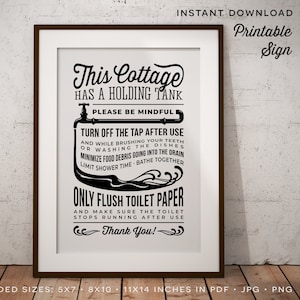 May include: Black and white printable sign that reads "This Cottage Has A Holding Tank. Please Be Mindful. Turn Off The Tap After Use And While Brushing Your Teeth Or Washing The Dishes. Minimize Food Debris Going Into The Drain. Limit Shower Time - Bathe Together. Only Flush Toilet Paper And Make Sure The Toilet Stops Running After Use. Thank You!"