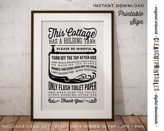 Water Rules Sign for Cottage with Holding Tank - save water only flush tp no food debris airbnb rental - PDF JPG PNG download printable