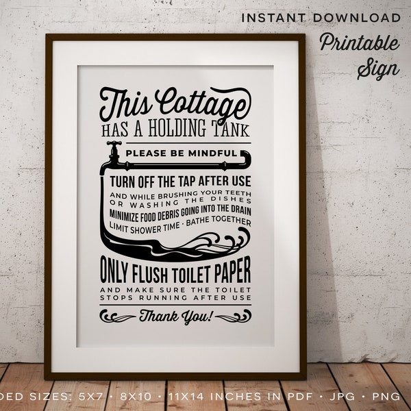 Water Rules Sign for Cottage with Holding Tank - save water only flush tp no food debris airbnb rental - PDF JPG PNG download printable