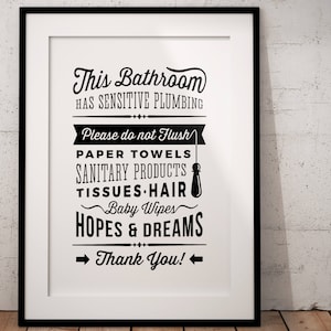 Badezimmer Zeichen empfindliche Sanitär (kein septisches System) - nicht spülen Toilette Zeichen - PDF JPG PNG - druckbare digitale Kunstwerk - sofortiger Download