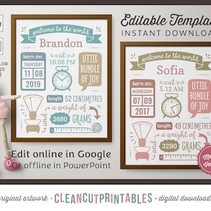 Metric BIRTH STATS druckbare Wandkunst Vorlage Geburtsanzeige für GOOGLE - Selbstbearbeitungszeichen Plakat cm Gramm PDF sofortiger Download