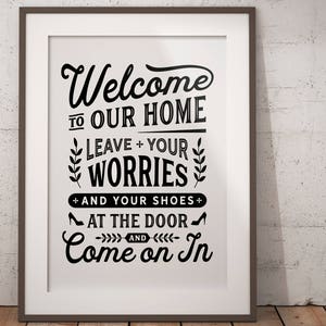 Welcome Leave Sorgen und Schuhe an der Tür Druck - lustiges Take your shoes off Schild High Heels Schlammraum Halle schwarz weiß digitaler Download