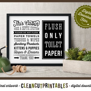 Cabin Septic Sign -  landscape Flush Only Toilet Paper sign - PDF JPG PNG - Printable Digital Artwork - retro/vintage sign- instant download
