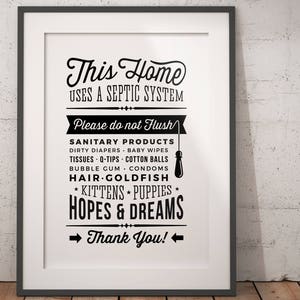 Bathroom Sign Septic System - Do Not Flush Kittens Puppies Hopes & Dreams - Printable Artwork - funny wall art toilet decor instant download