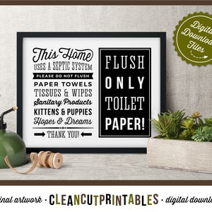 Septic System Sign - Flush Only Toilet Paper sign landscape - PDF JPG PNG - Printable Digital Artwork - retro/vintage sign- instant download