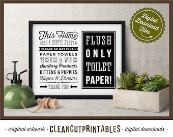 Septic System Schild - Flush Only Toilettenpapier Schild Querformat - PDF JPG PNG - Druckbares digitales Kunstwerk - Retro/Vintage Schild - direkter Download