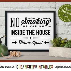 以下が含まれることがあります： ヴィンテージスタイルのフォントで「NO Smoking or Vaping - Inside the House - Thank You!」と書かれた白黒の印刷可能なサイン。サインは黒で額装され、白い背景になっています。