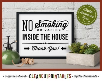 No Smoking or Vaping Inside the House - retro/vintage rustikale Hausregeln druckbares Schild - digitaler Sofort-Download - Home Farm schwarz weiß