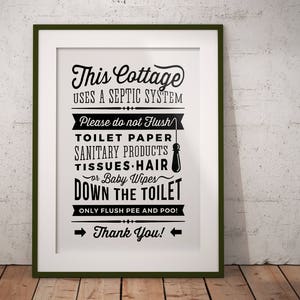 Cottage Bathroom Sign Septic System - Do Not Flush Toilet Paper only Pee and Poo - Print pdf graphic wall art toilet sign - instant download
