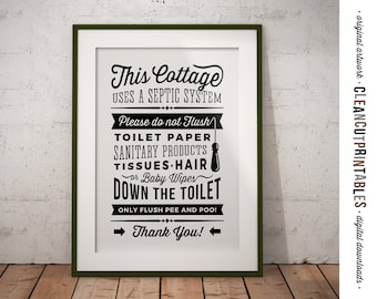 Cottage Badezimmer Zeichen septische System - nicht spülen Toilettenpapier nur Pee und Poo - Druck pdf Grafik Wand Kunst Toilette Zeichen - sofortiger Download