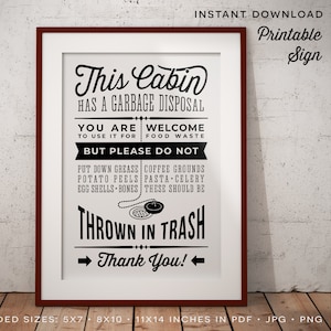 Cabin GARBAGE DISPOSAL Sign - Things you should not put down drain but throw in trash - pdf jpg png - printable digital instant download