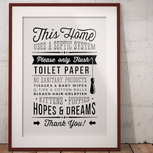 Bathroom Sign Septic System - Only Flush Toilet Paper no Hopes & Dreams - PDF JPG PNG jpeg - funny toilet sign - instant download printable