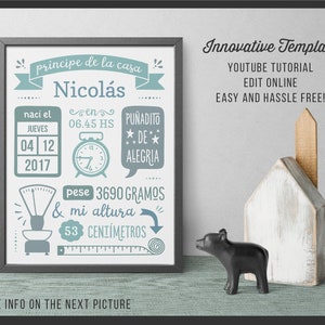 Spanish BIRTH STATS template DIY printable wall art editable birth announcement - print sign poster wall art large digital instant download
