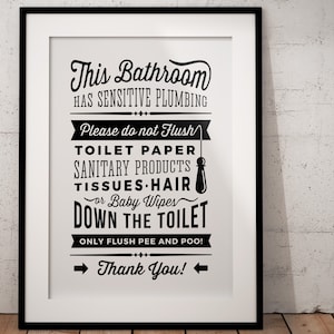 Bathroom Sign Sensitive Plumbing - Do Not Flush Toilet Paper only Pee and Poo - Print pdf graphic wall art toilet sign - instant download