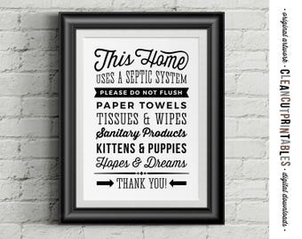 Badezimmer Schild Septiksystem - Do Not Flush Hopes & Dreams - druckbares Kunstwerk - lustige Wandkunst Toilette - Retro/Vintage Schild - sofortiger Download
