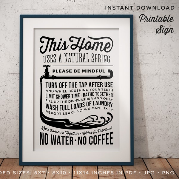 Water Rules Sign for Home with Natural Spring - save water funny coffee wall art - dont waste water - PDF JPG PNG instant download printable